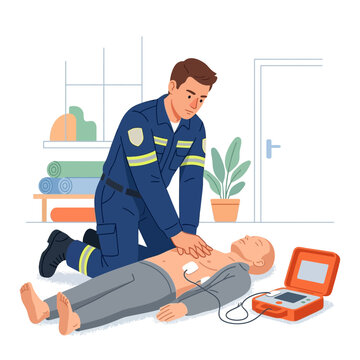 Paramedic performing CPR and using AED on patient, emergency medical response, vector illustration