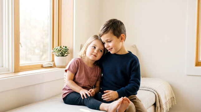 Affectionate young siblings sitting together by window, boy comforting girl in warm light