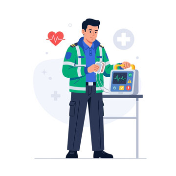 Paramedic using AED machine to save a life, medical emergency, healthcare and first aid concept vector illustration