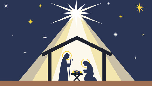 Christian Christmas nativity scene illustration featuring Mary, Joseph, and baby Jesus in the stable under star.