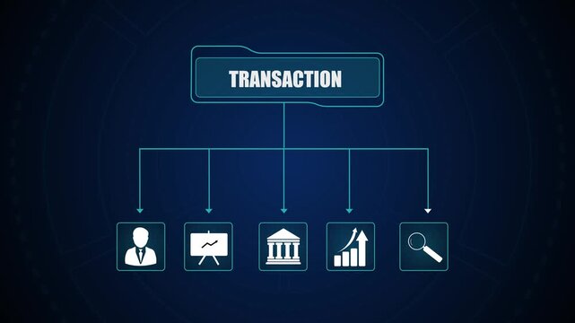 Futuristic transaction process HUD interface displaying financial exchange icons, digital banking flow structure for corporate business analysis