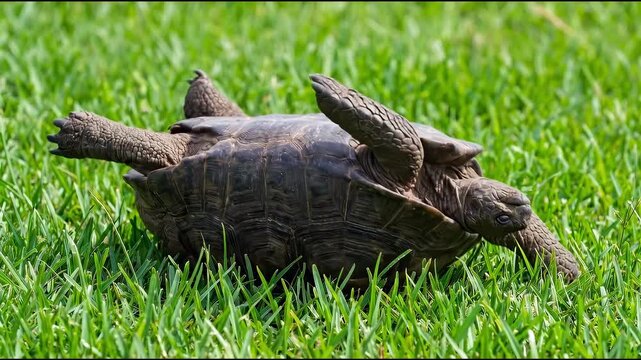 Galapagos Tortoise Upside Down on Green Grass.