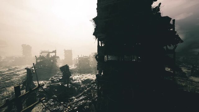 two figures scan sunlit wreckage between collapsed towers and waving grass, cautious posture, searching for supplies, long shadows, tense hopeful mood