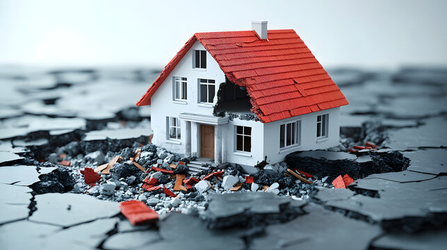 Toy house model sitting on ground cracked by an earthquake