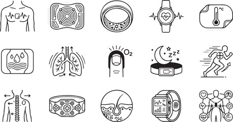 Fototapeta premium Wearable health tech line icons set with smartwatch fitness tracker bio sensor and smart ring vectors