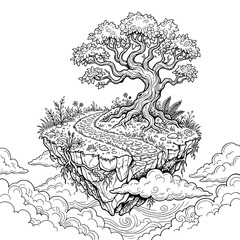 Obraz premium Magical floating island with a large gnarled tree and a winding stone path drifting in the sky above clouds in black and white line style