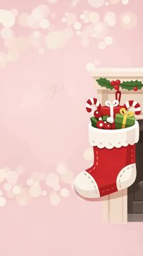 Happy new year message with a red christmas stocking filled with candy canes and wrapped gifts hanging from a decorated mantel against a pink bokeh background