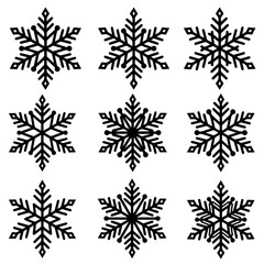 Obraz premium Nine distinct black and white snowflake featuring sharp geometric lines, triangles, and simple branching structures on a white background