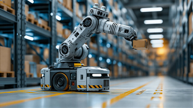 Photorealistic 3D render of autonomous mobile cobot in modern warehouse, cinematic blue and amber lighting, wide angle with left negative space for logistics tech website hero image.