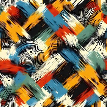 Vibrant abstract painting with dynamic colorful brush strokes and dotted textures.