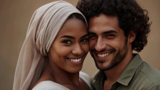 Smiling Couple Embrace with Headscarf, Curly Hair, and Intimate Portrait Woman Affection
