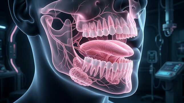 detailed digital rendering of human skull showcasing muscular and neural structures with emphasis on oral cavity and surrounding