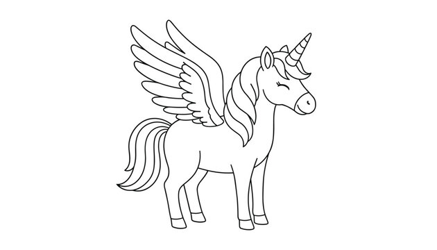 Black and white outline drawing of a magical winged unicorn or pegasus perfect for children coloring book activities.