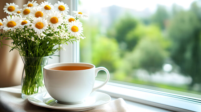 White ceramic cup of coffee next to beautiful chamomile bouquet