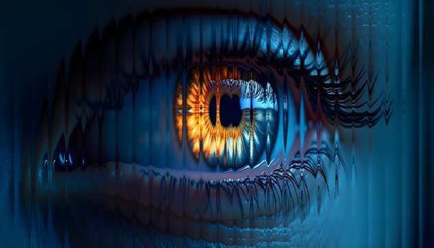 Human eye with glass reflection extortion effect background. 