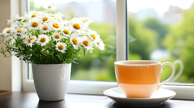 Cup of herbal tea next to fresh daisies bouquet on windowsill