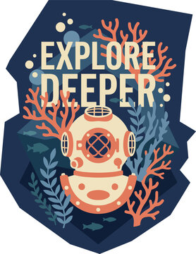 Vibrant underwater exploration graphic design with a vintage diving helmet, ideal for Apparel, Merchandising, and creative Design projects.