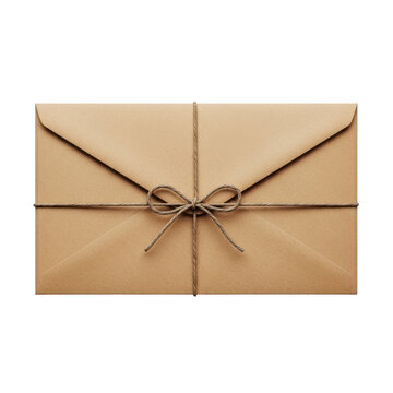 Brown paper envelope tied with rustic twine string and a simple bow isolated on transparent background
