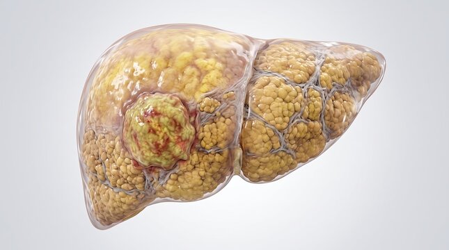 A detailed illustration of a human liver with visible fat deposits and tumors showcasing potential health issues.