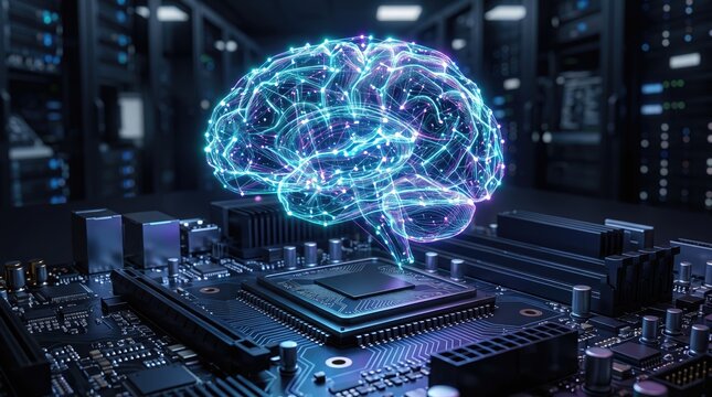 A digital brain graphic hovering above a circuit board, symbolizing artificial intelligence and advanced computing.
