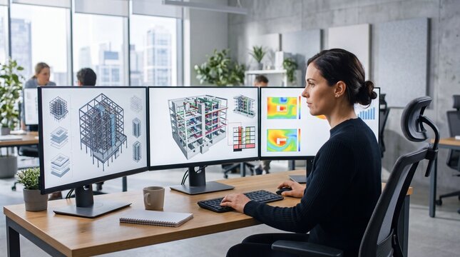 A focused professional analyzes complex data on dual monitors in a modern office environment.
