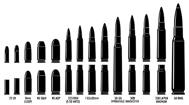 Ammunition set with silhouette illustrations featuring .22 LR, 9mm, .40 S&W, .45 ACP, 223 REM (5.56 NATO) with 7.62x39mm, 30-06 Springfield Winchester and .308 Lapua Magnum