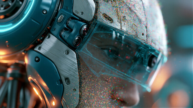 Futuristic robot head with depth sensors projecting vibrant 3D point clouds. Cinematic neon lighting, holographic overlays, and clean copy space ideal for AI robotics corporate web design.