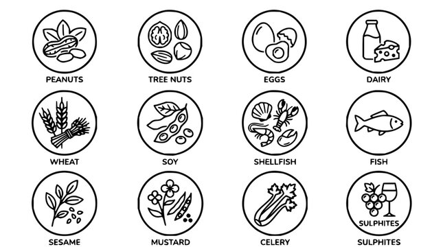Allergens set with circular icons featuring peanuts, tree nuts, eggs, dairy, wheat, soy, shellfish, fish, sesame, mustard, celery, and sulphites