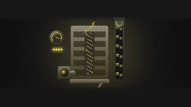 Abstract animated grain drying elevator drawn as yellow and gold lines and shapes on a deep dark background. Seamless looping 4K motion graphics video with free space for text, ideal for industry expl