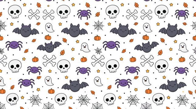 Creepy cute doodle style Halloween seamless backdrop with funny skeleton bones smiling ghosts and black bats pattern vector illustration for wrapping paper