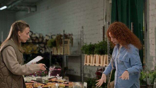 Two young adult Caucasian women discussing inventory in wholesale flower warehouse, one writing on clipboard. Clip is ideal for small business management and floristry industry videos