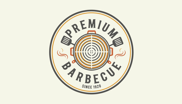 Circular premium barbecue logo in vintage design showing a grill grate with two crossed spatula icons since 1920.