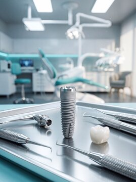 Dental implant screw and ceramic crown on a metal medical tray. Professional dentistry tools in a modern clinic. Vertical orientation. Realistic 3D rendering for healthcare services