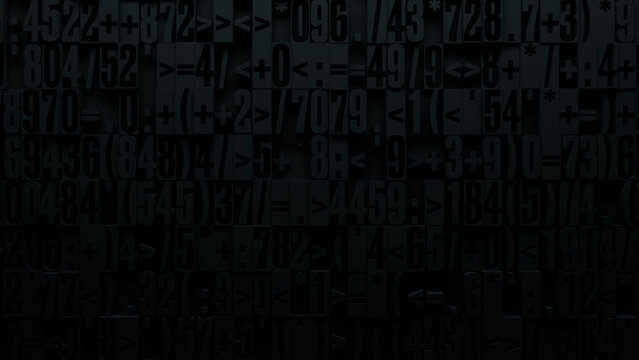Dark Monochromatic Abstract Artwork Featuring a Dense Array of Mathematical Symbols and Numbers in Varied Sizes and Orientations for Technology and Data Visualization Projects