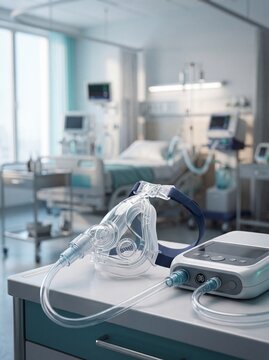 Oxygen mask and CPAP machine on a hospital table. Respiratory therapy equipment for sleep apnea. Medical ventilator in intensive care unit. Healthcare technology for lung treatment