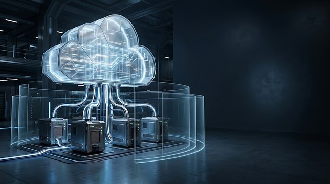 Glowing digital cloud computing infrastructure with server hardware and data network connections