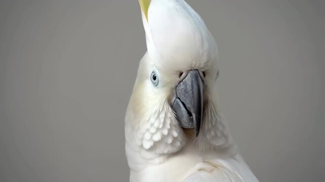 White Cockatoo Bird Portrait with Raised Crest, Yellow Crest, Dark Beak Against Gray Background