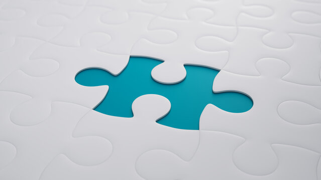 Close up of Teal and White Jigsaw Puzzle Wallpaper focusing on the last piece to go into place. Success Concept.