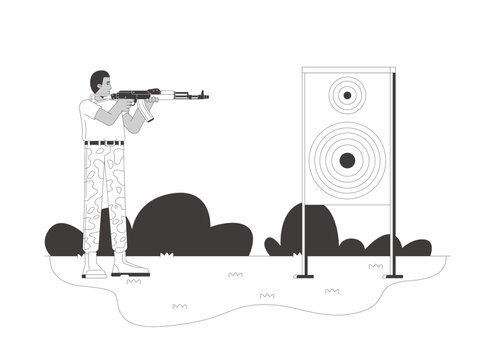 Military shooting training at target range flat line illustration. Firearm handling. Soldier practicing rifle marksmanship outdoor 2D outline character isolated. Black and white cartoon vector image