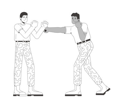 Military hand-to-hand combat training flat line illustration. Self-defense. Tactical movement. Soldiers recruits in fighting stance 2D outline characters isolated. Black and white cartoon vector image
