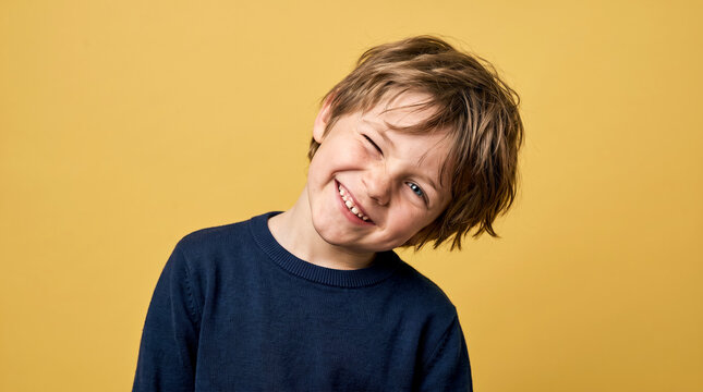Boy winking and smiling with messy hair against a bright yellow studio background