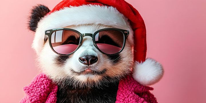 Cute cat wearing stylish sunglasses and winter scarf pink background