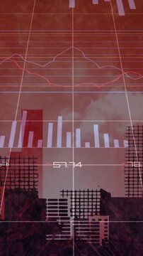 Animation of charts over grid and cityscape on red background