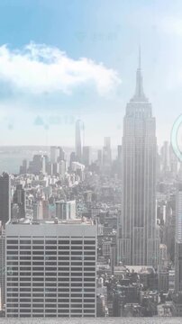 Animation of financial data processing over cityscape