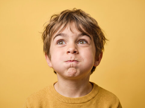 Young boy making a playful expression with puffed cheeks on yellow background