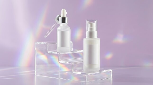 Two cosmetic bottles with dropper and pump on acrylic display stand with rainbow light