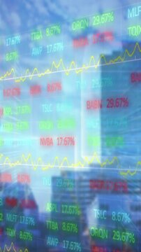 Animation of financial data processing over cityscape
