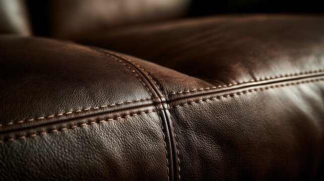 Close up detail of brown leather sofa texture with stitching.