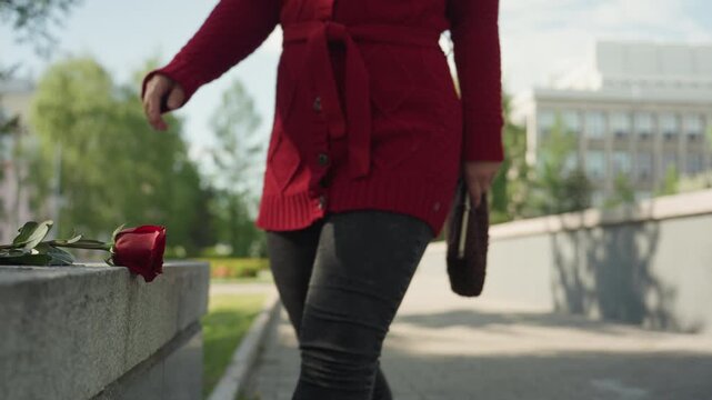 Woman in red sweater approaches and picks up single rose from edge of stone ledge. Woman holds it then brings its stem to her nose as if smelling or examining closely. scene is set outdoors
