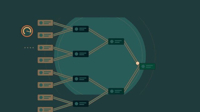 Abstract animated tournament bracket dropping through chutes drawn as cyan and teal lines and shapes on a deep dark background. Seamless looping 4K motion graphics video with free space for text, idea